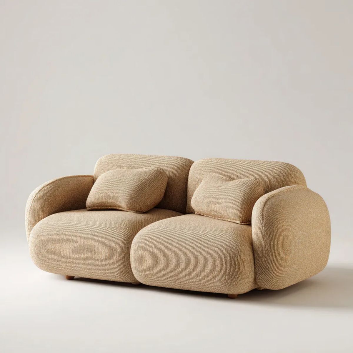 Beżowa sofa dwuosobowa tapicerowana sztruksem poliestrowym, zaokrąglona, 180 x 95 x 78 cm